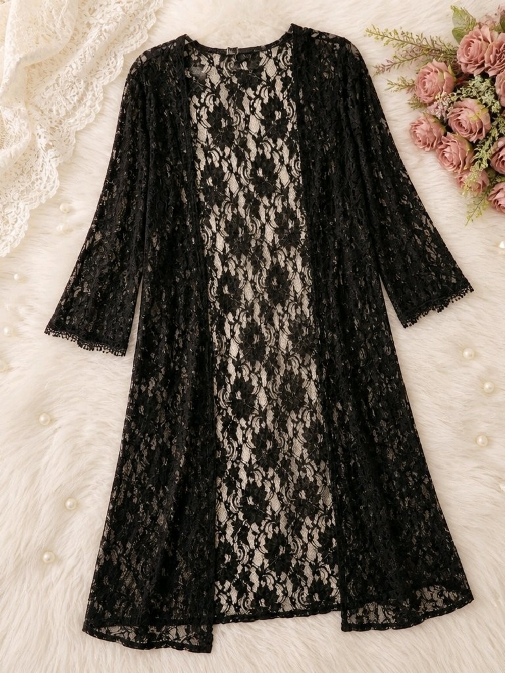 Forever 21 Black Floral Lace Sheer Cardigan